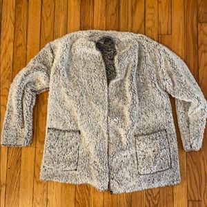 Fuzzy gray wrap sweater, size s/m runs big